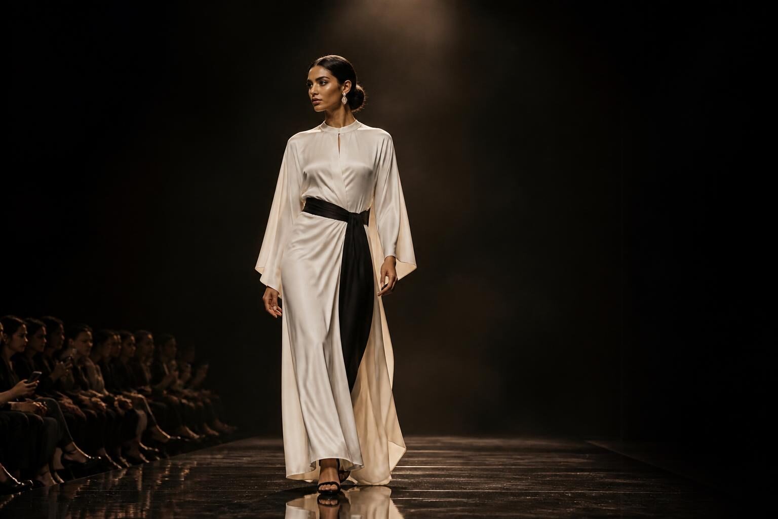 AMERRA campaign — a model in an ivory silk gown on a black runway under cinematic light