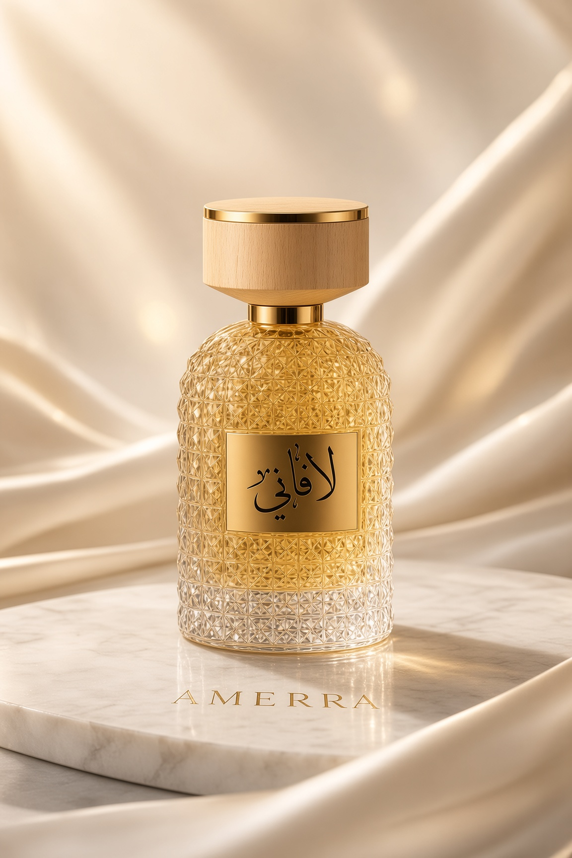 LAVANI Eau de Parfum on white marble against ivory silk — faceted crystal bottle with pale wood cap and gold Arabic nameplate