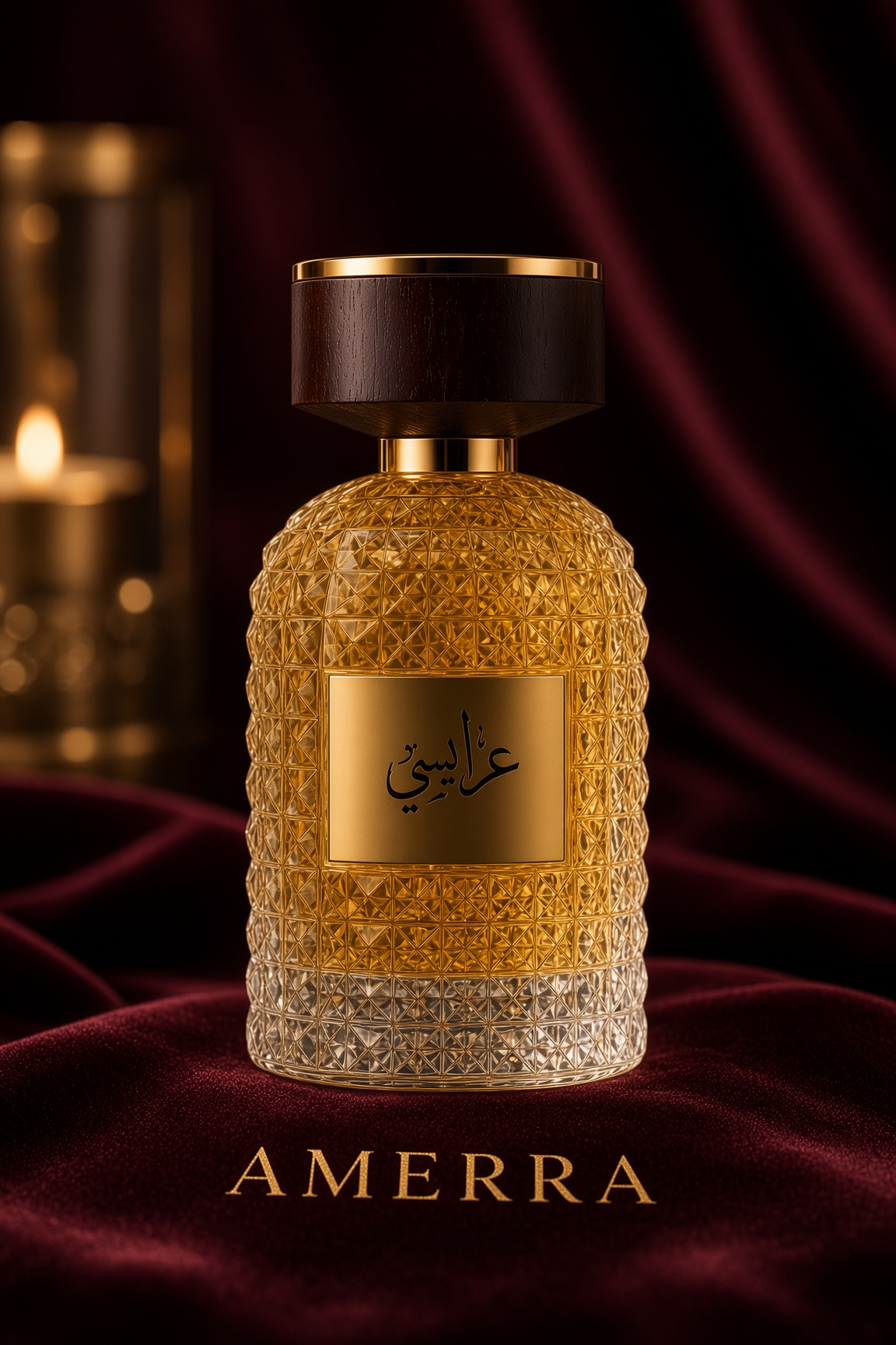 ARAISI Eau de Parfum on burgundy silk with candlelight — faceted crystal bottle of amber fragrance with a dark wood cap and gold Arabic nameplate