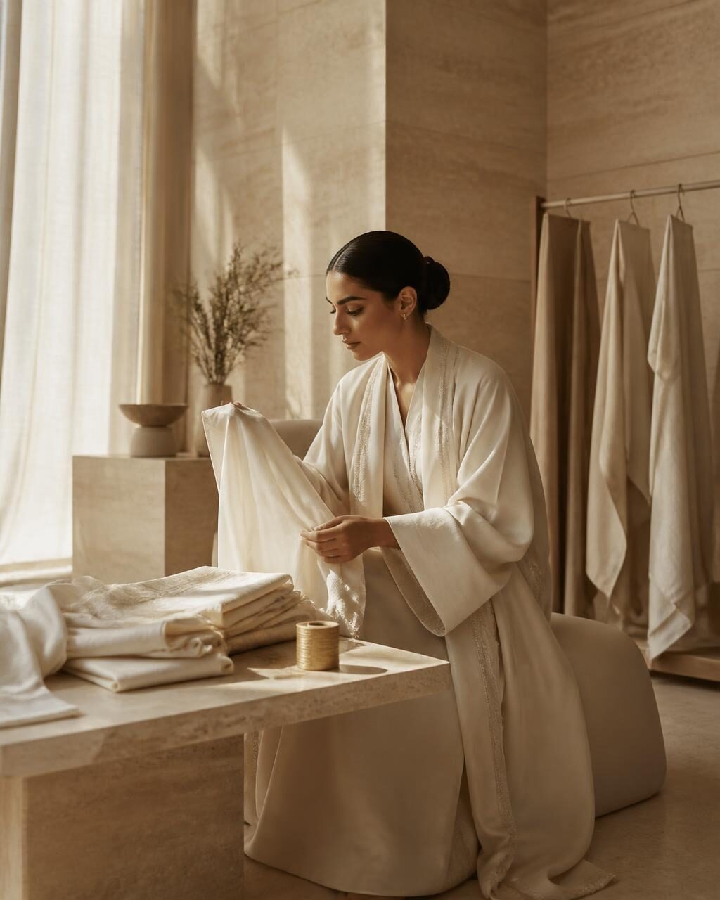 Inside the AMERRA maison — an AMERRA character examining ivory silk in a travertine atelier